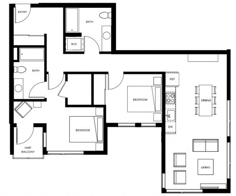 Floor plan for 2 beds, 2 baths, 1035 sqft